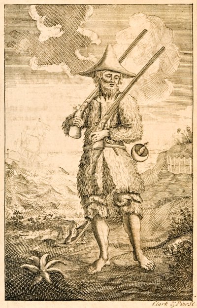 Robinson Crusoe, illustrazione del frontespizio che mostra il presunto autore Crusoe sulla riva con moschetti e spada, da La vita e le strane sorprendenti avventure di Robinson Crusoe da English School